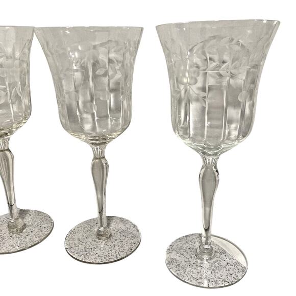 Vintage Mid Century Etched Clear Crystal Wine Glasses Water Goblets Set of 4 - Picture 6 of 12